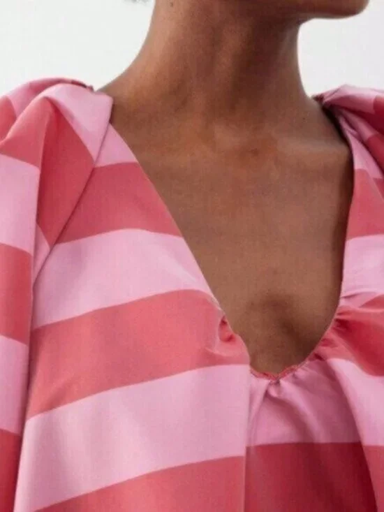 Pink Red Casual Women's V-Neck Striped Maxi Dress - Picture 2 of 7